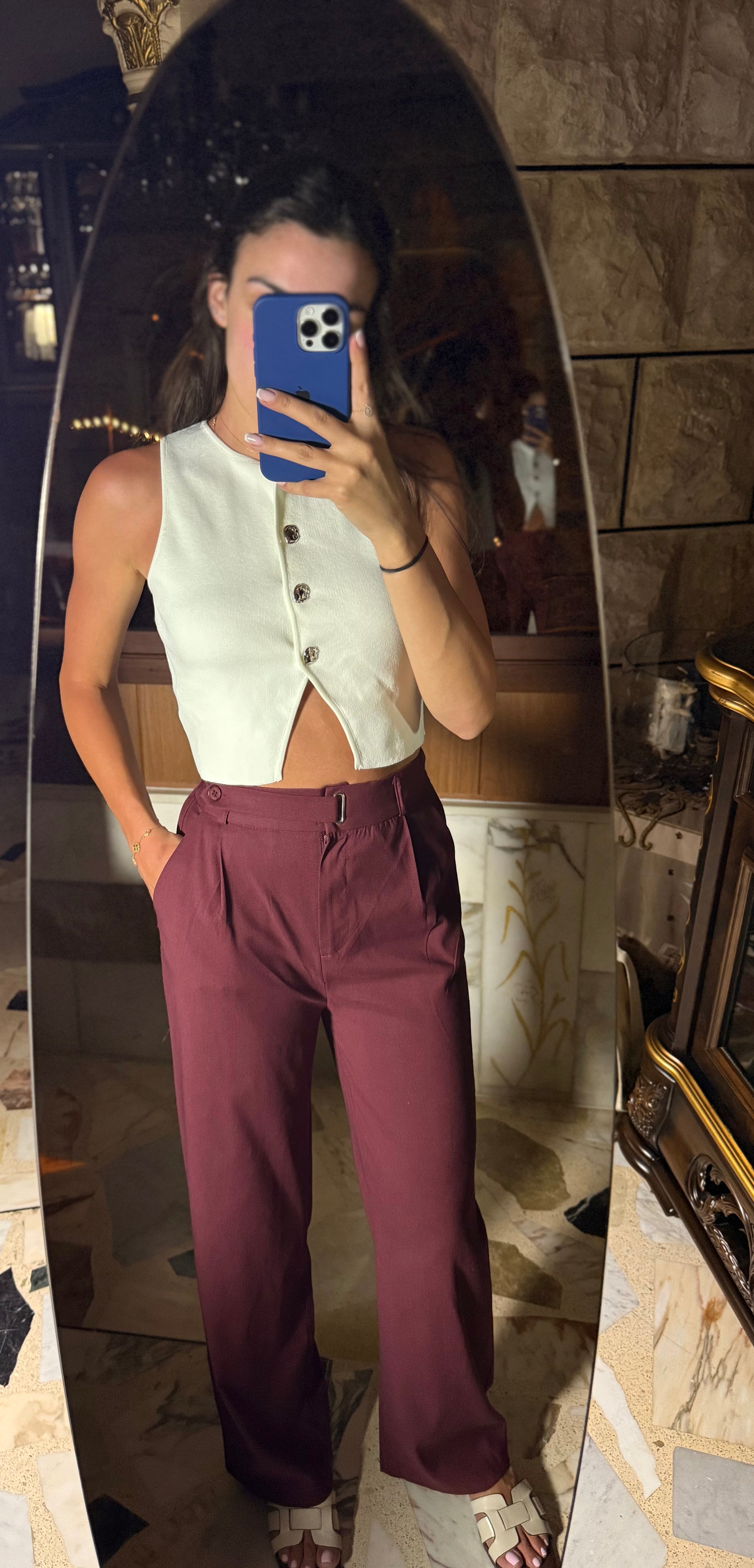 Burgundy High-Waisted Tailored Pants