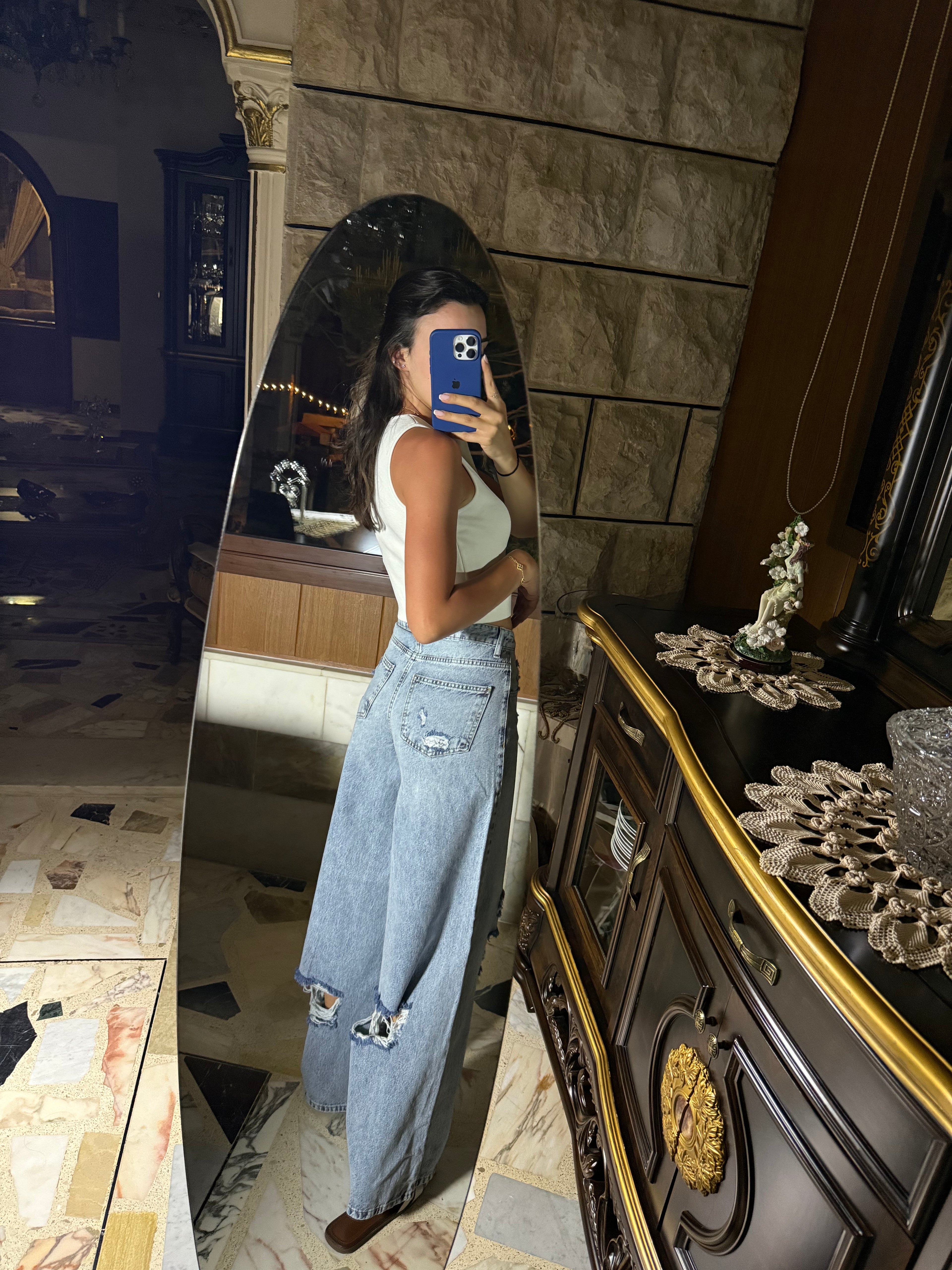 Front And Back Distressed Skater Jeans