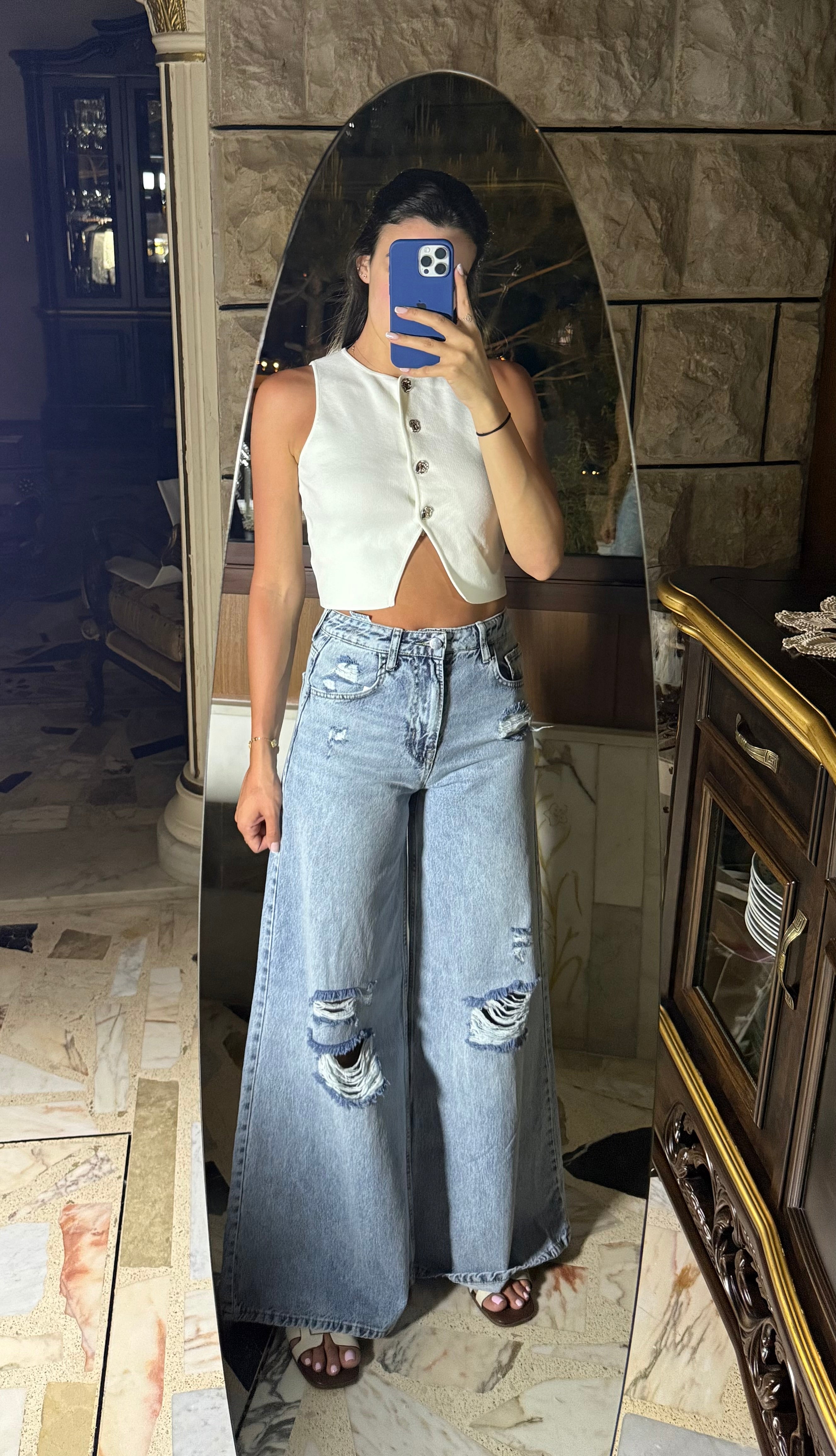 Front And Back Distressed Skater Jeans