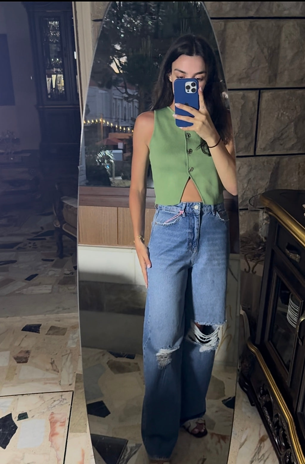 Front & Back Distressed Wide-Leg Jeans