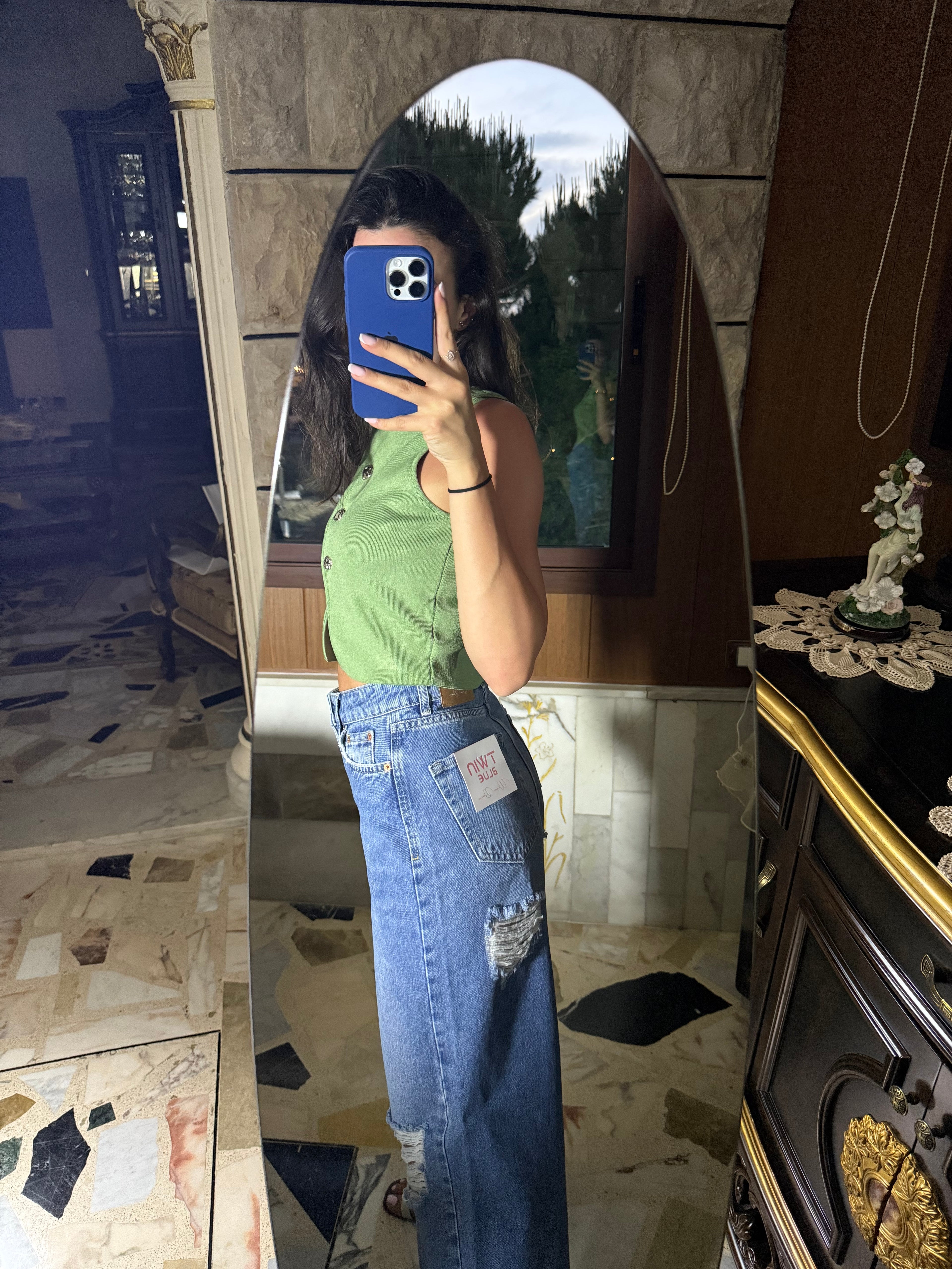 Front & Back Distressed Wide-Leg Jeans