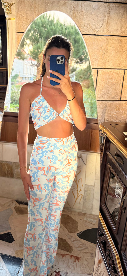 Blue & White Minimalist Top & Pants Co-ord Set